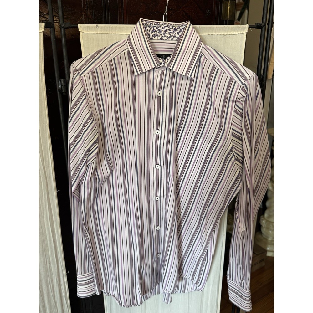 Bugatchi Uomo Men's Striped Dress Shirt Purple White Floral Trim Button Down S